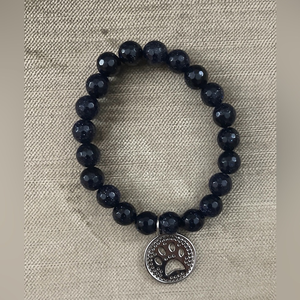 Blue Sandstone Stretch Beaded Bracelet with CZ Paw Print Charm